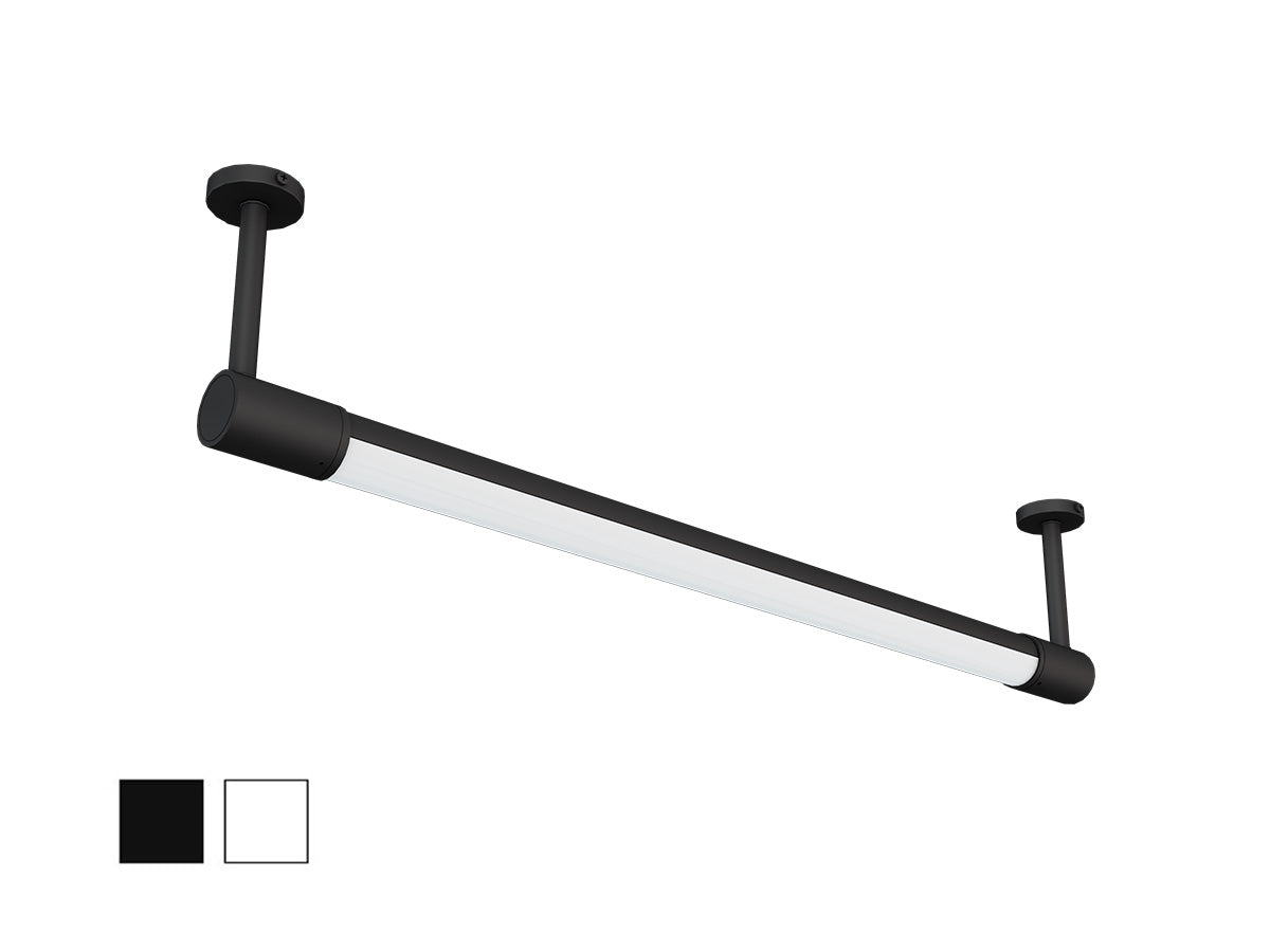 A modern linear LED light fixture with a matte black finish and a white diffuser, shown against a plain white background with two small color swatches in the bottom-left corner.