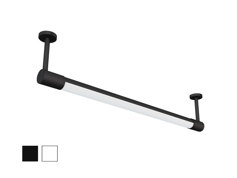 A modern linear LED light fixture with a matte black finish and a white diffuser, shown against a plain white background with two small color swatches in the bottom-left corner.
