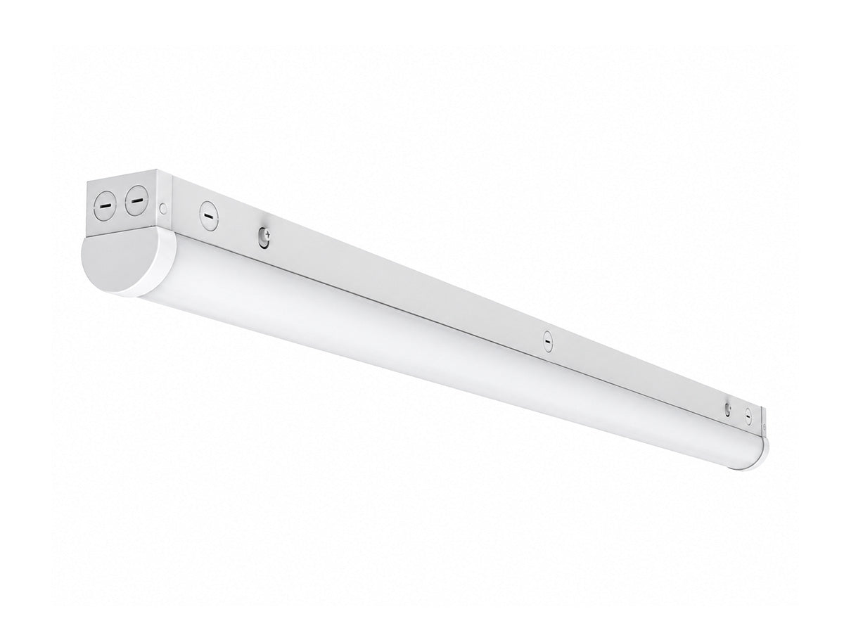 A long, slim white linear LED light fixture with mounting brackets on a solid white background.