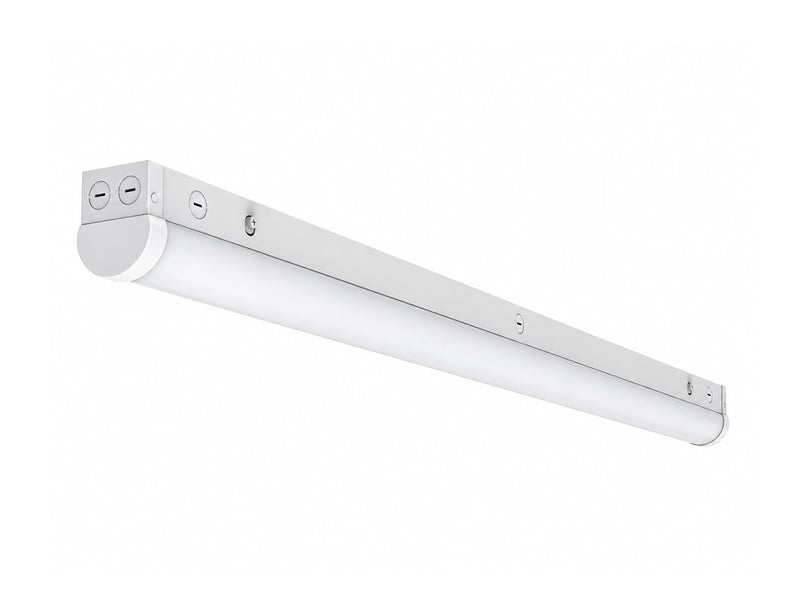 A long, slim white linear LED light fixture with mounting brackets on a solid white background.