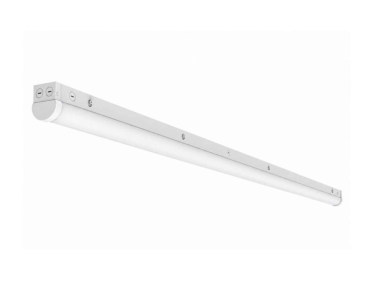 A long, slim white linear LED light fixture shown at an angle against a solid white background.