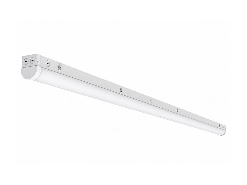 A long, slim white linear LED light fixture shown at an angle against a solid white background.