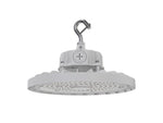 White industrial led high bay ceiling light with metallic hook and circular array of leds 22500 lumens 150 watt