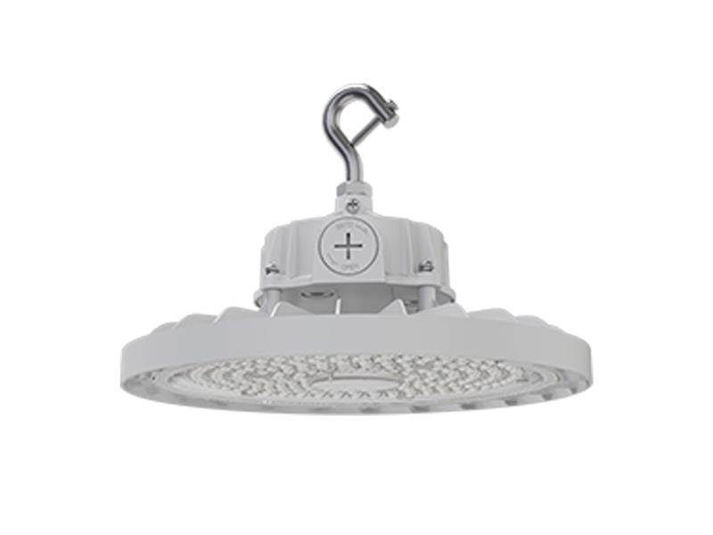 White industrial led high bay ceiling light with metallic hook and circular array of leds 22500 lumens 150 watt