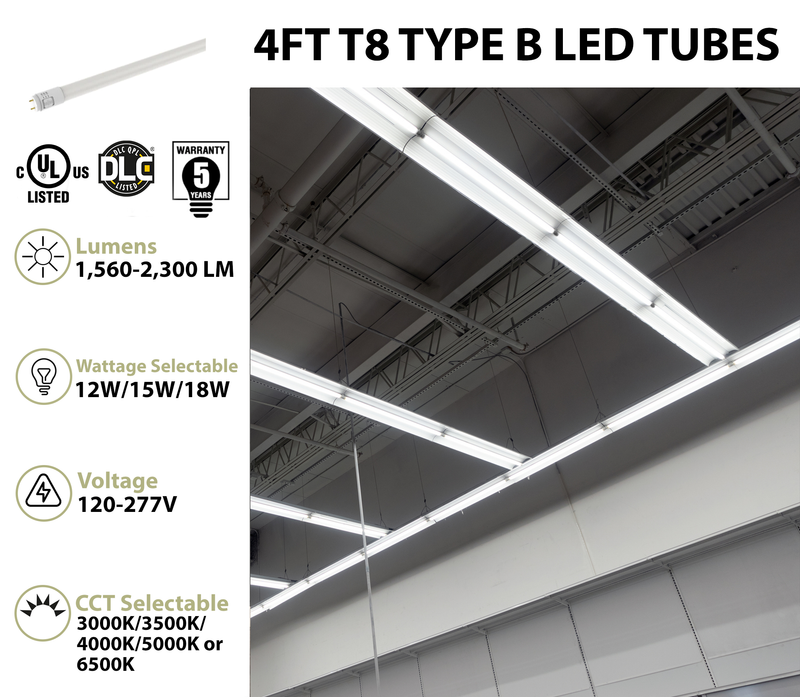 30PK 4FT LED T8 Tube Light, Type B, Double End or Single End Power, Wattage and CCT Selectable, 120-277V