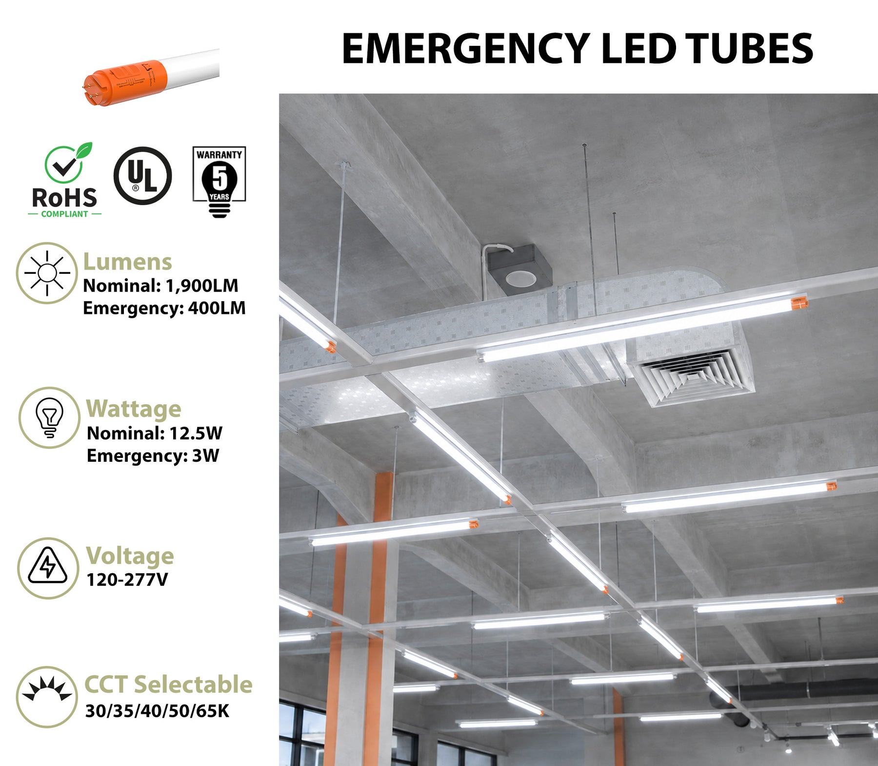 4FT Emergency LED Tube Light, 1900 Lumens, 12.5W, CCT Selectable, 3W 90 Min EMB Function w/ Test Button, 120-277V, 2 or 10 Pack
