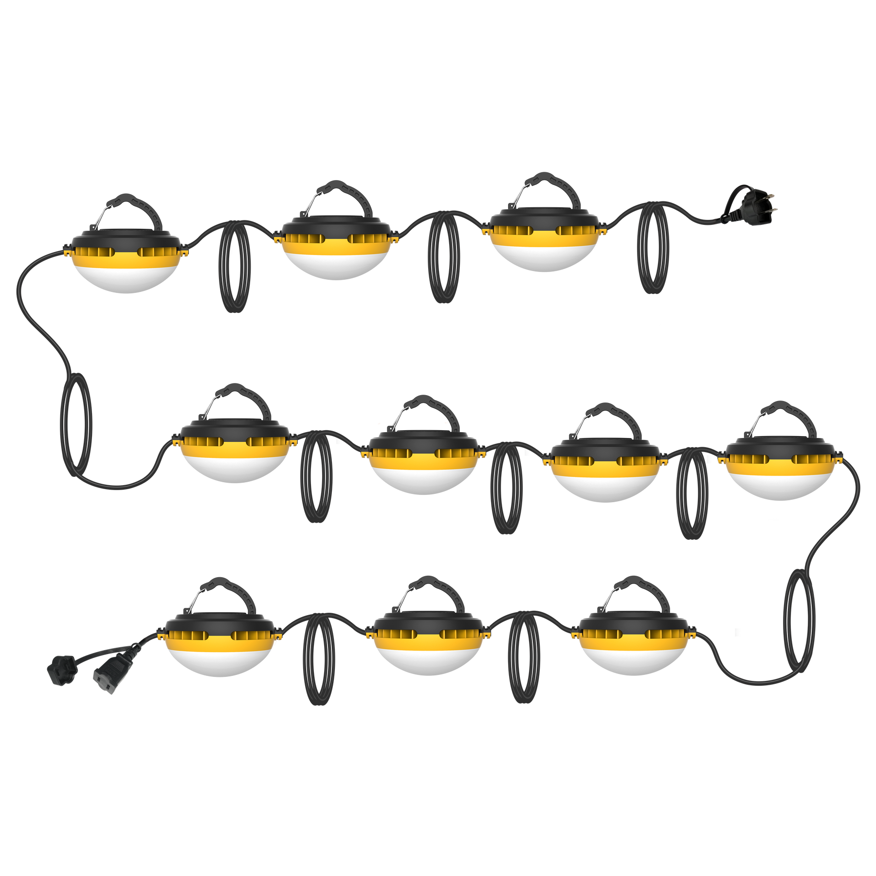 Yellow and black 100ft temporary led stringer work lights with durable plastic housing for construction use