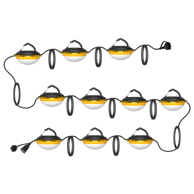 Yellow and black 100ft temporary led stringer work lights with durable plastic housing for construction use