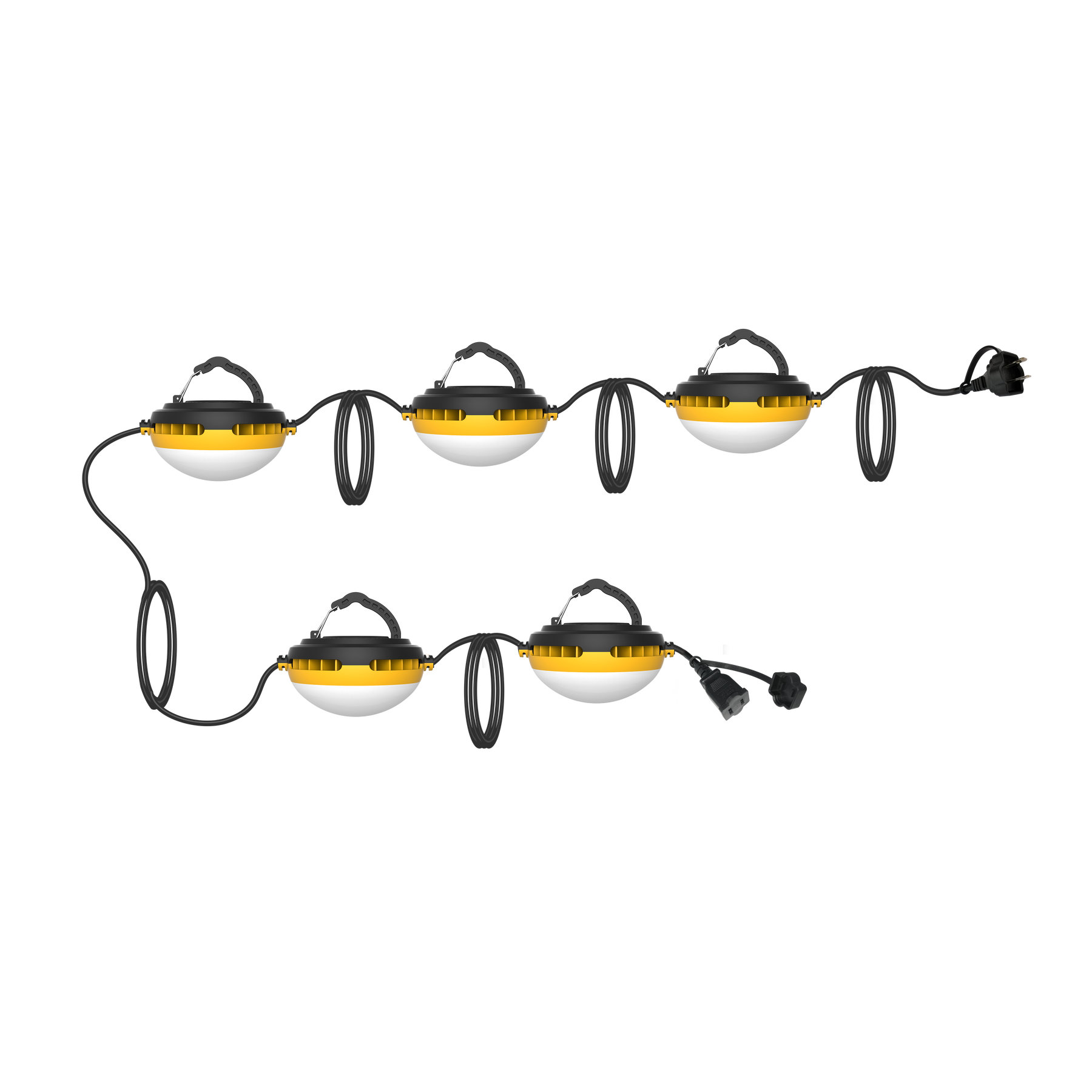 Black and yellow portable industrial 50ft temporary led work light with white translucent dome for temporary led stringer use
