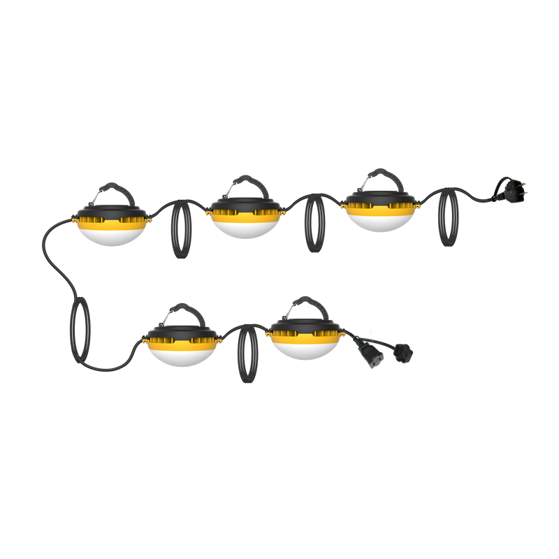 Black and yellow portable industrial 50ft temporary led work light with white translucent dome for temporary led stringer use