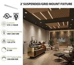 2FT LED Linear Suspended/Grid Mount Fixture, 1150 Lumen Max, Wattage and CCT Selectable, 120-277V