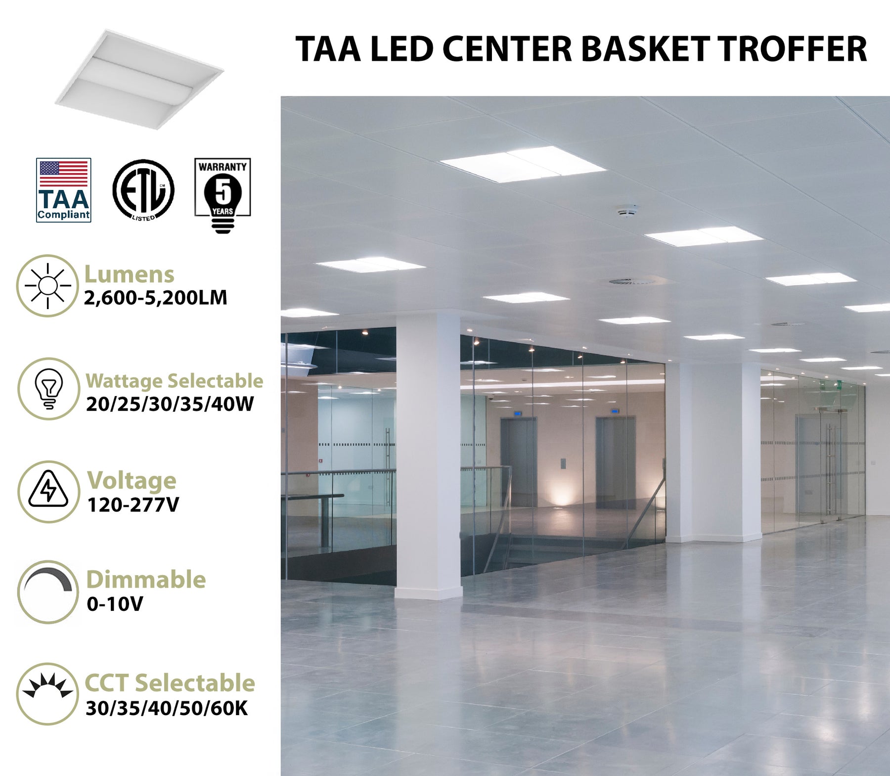 White 2x2 led center basket troffer with adjustable lighting, 5200 lumen max, dimmable, taa compliant design