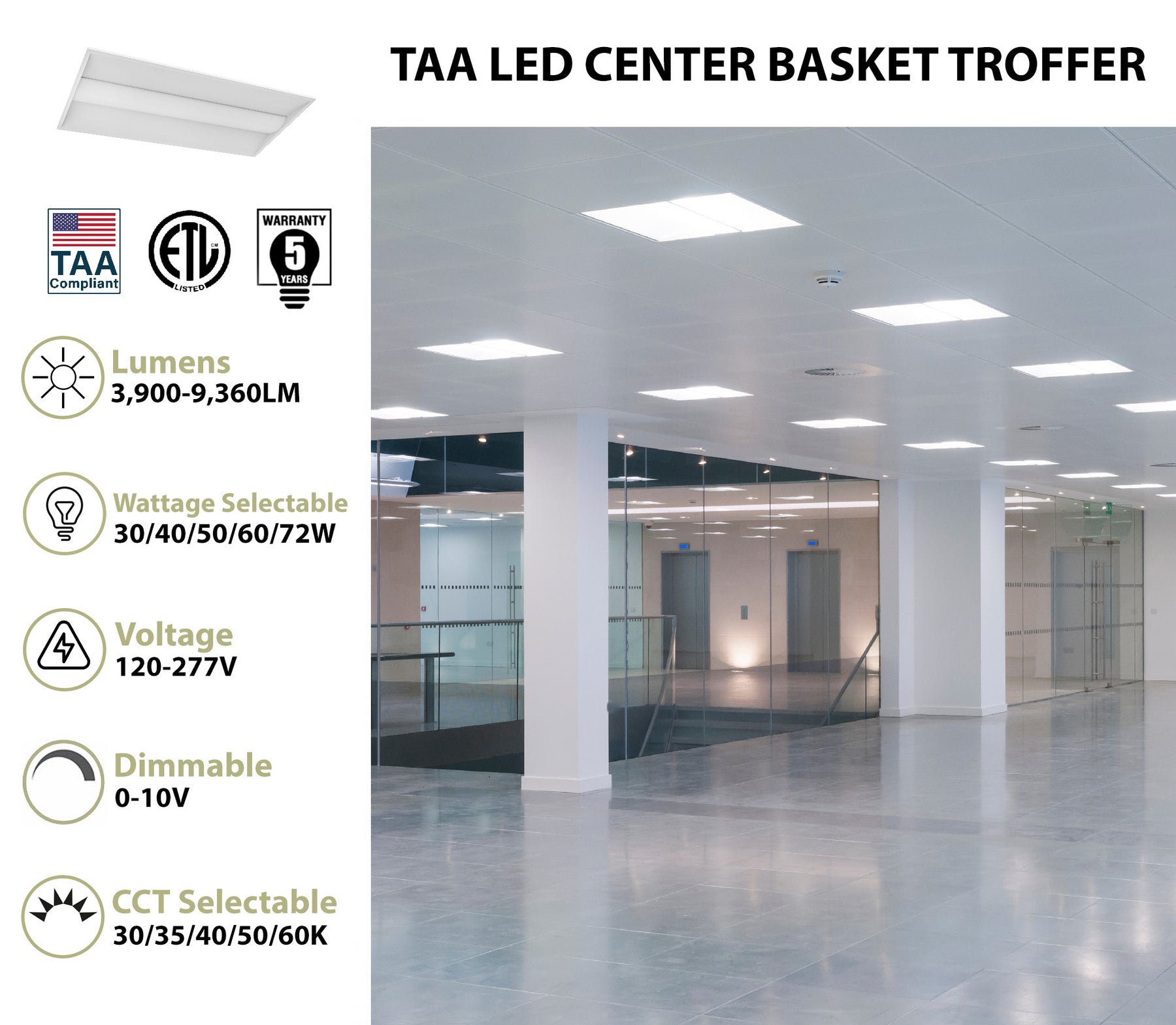 White rectangular 2 x 4 foot led center basket troffer light fixture with 9360 lumen max and selectable wattage