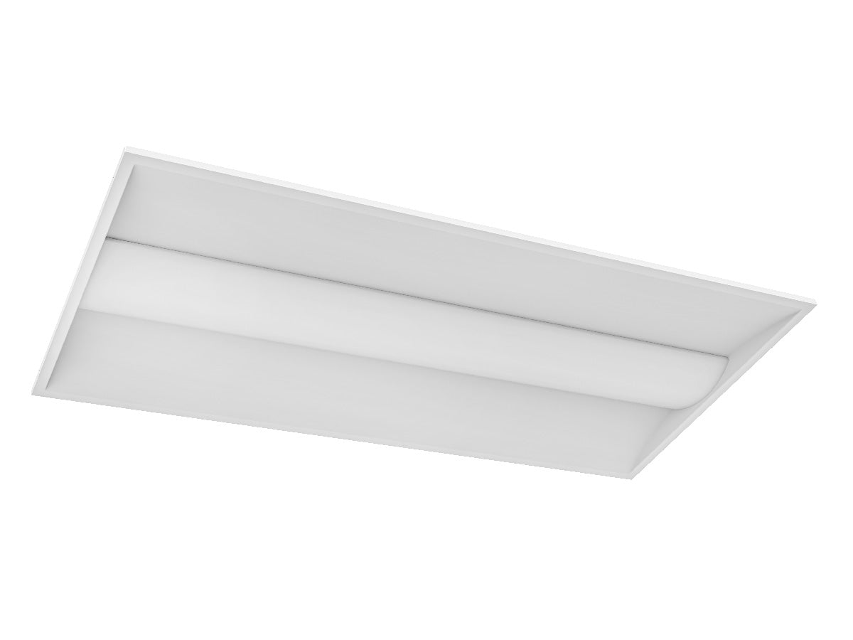 White rectangular recessed 2 x 4 foot led center basket troffer with 9360 lumen max and selectable wattage and cct
