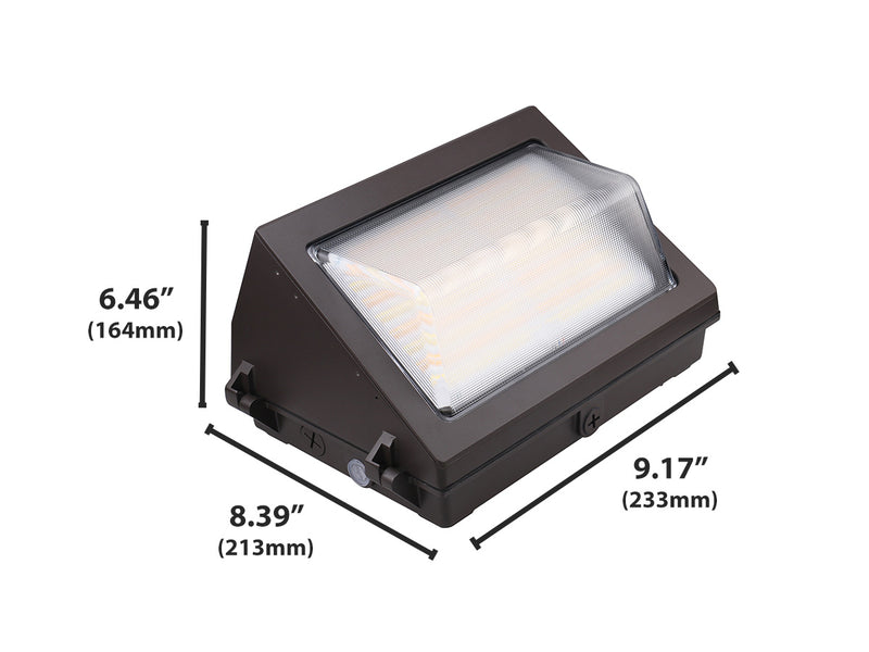 LED Traditional Wall Pack, 5,800 Lumen Max, Wattage and CCT Selectable, Beam Angle Adjustable, Integrated Photocell, 120-277V