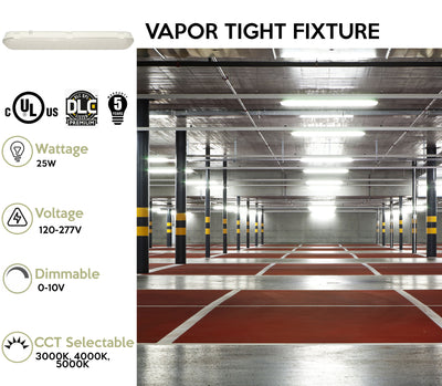 2FT LED Vapor Tight Fixture, 25W, 3423 Lumens, CCT Selectable, 120-277V