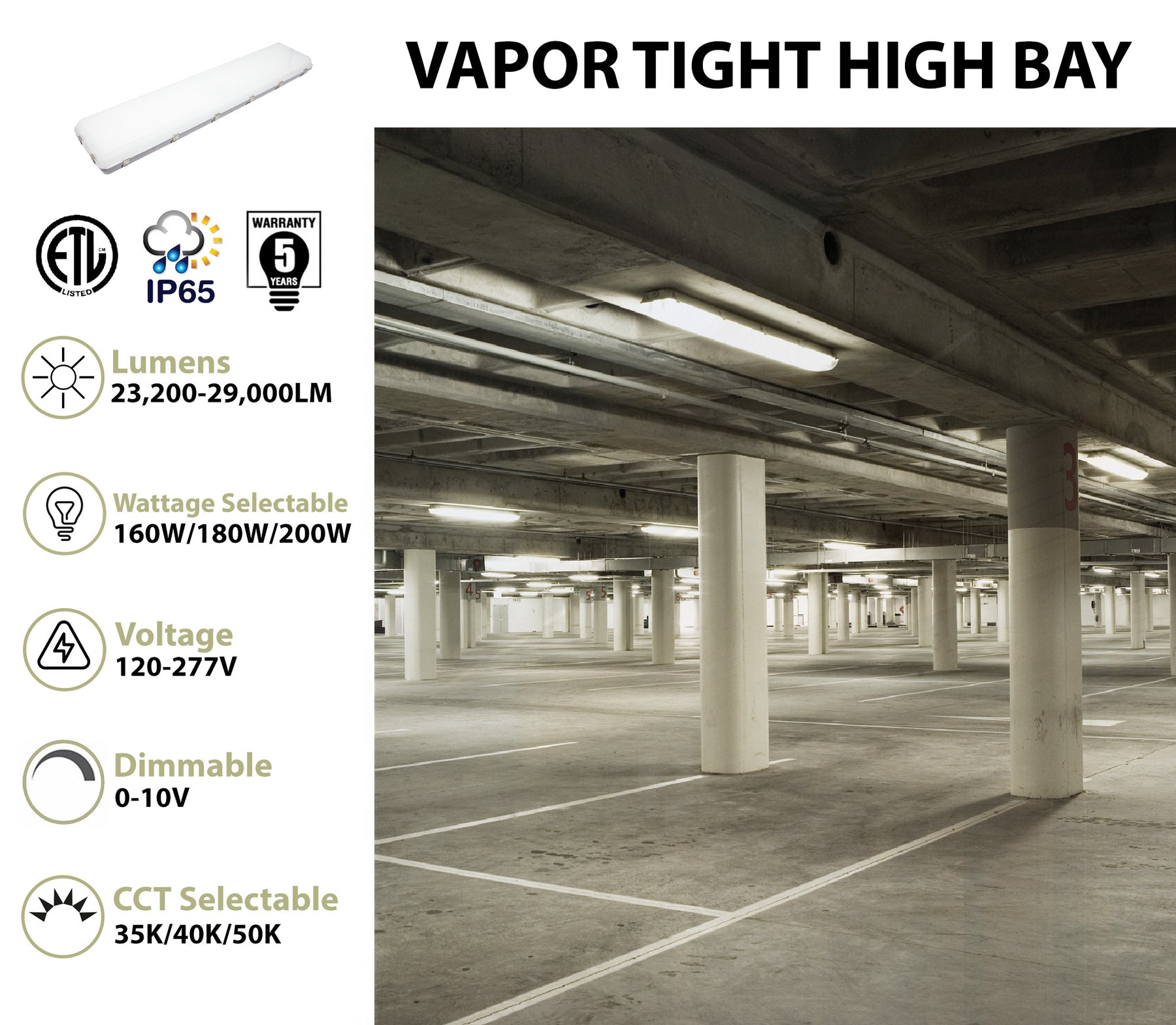 4FT LED Vapor Tight High Bay, 29,000 Lumen Max, Wattage and CCT Selectable, 120-277V