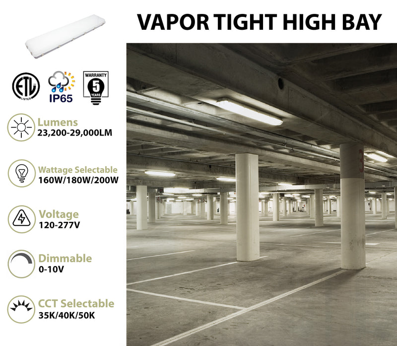 4FT LED Vapor Tight High Bay, 29,000 Lumen Max, Wattage and CCT Selectable, 120-277V