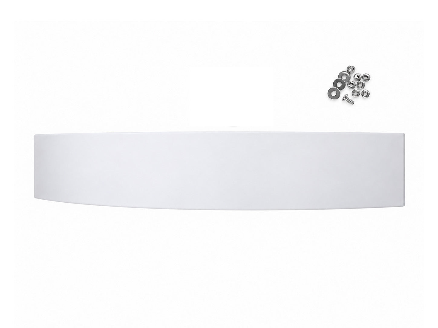 A white curved rectangular panel or trim piece shown on a plain white background, with a small cluster of silver metal fasteners in the upper right.