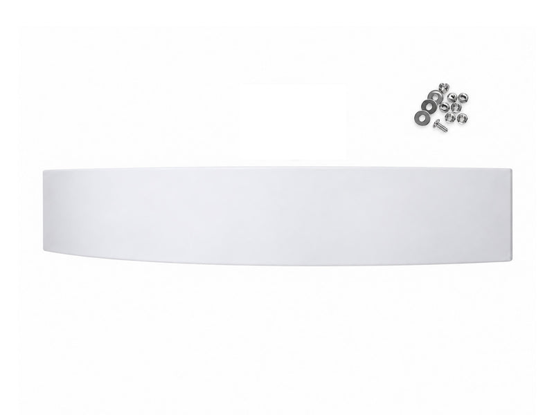 A white curved rectangular panel or trim piece shown on a plain white background, with a small cluster of silver metal fasteners in the upper right.