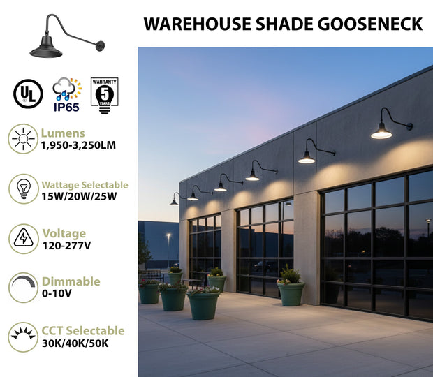 LED Gooseneck Light Fixture 3250 Lumen Max Wattage and CCT Selectable 120-277V Warehouse Shade Black - Gooseneck Lights