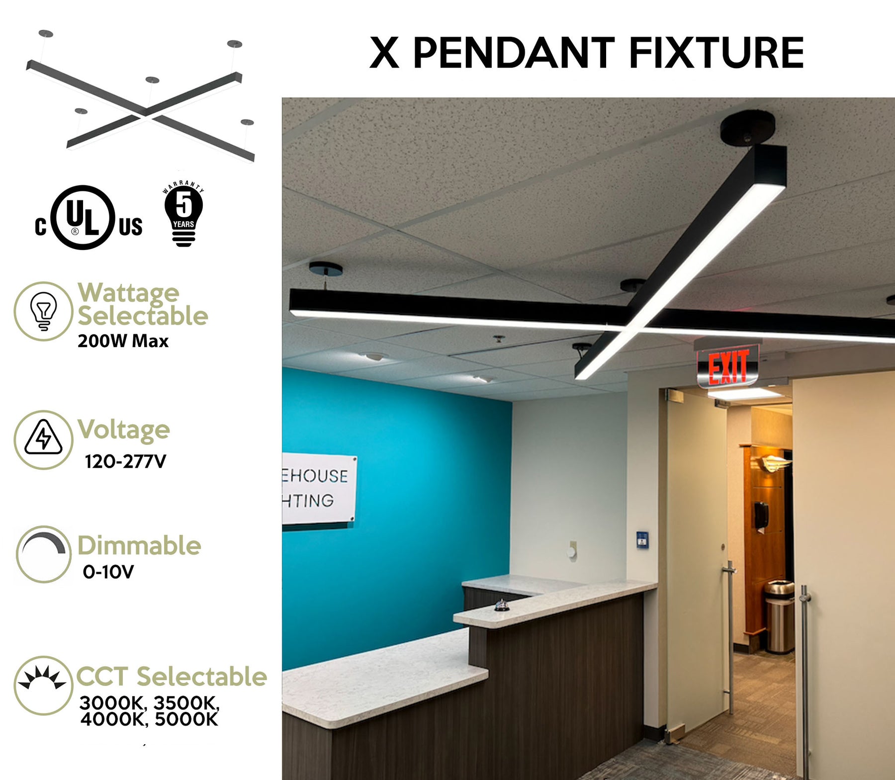 8 Foot X Pattern LED Linear Direct/Indirect Pendant Fixture, 22,000 Lumens, 200 Watt, 120-277V, CCT Selectable, White or Black Finish