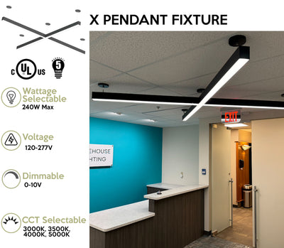 8 Foot X Pattern LED Linear Direct/Indirect Pendant Fixture, 29,900 Lumens, 260 Watt, 120-277V, 4CCT Selectable, White or Black Finish