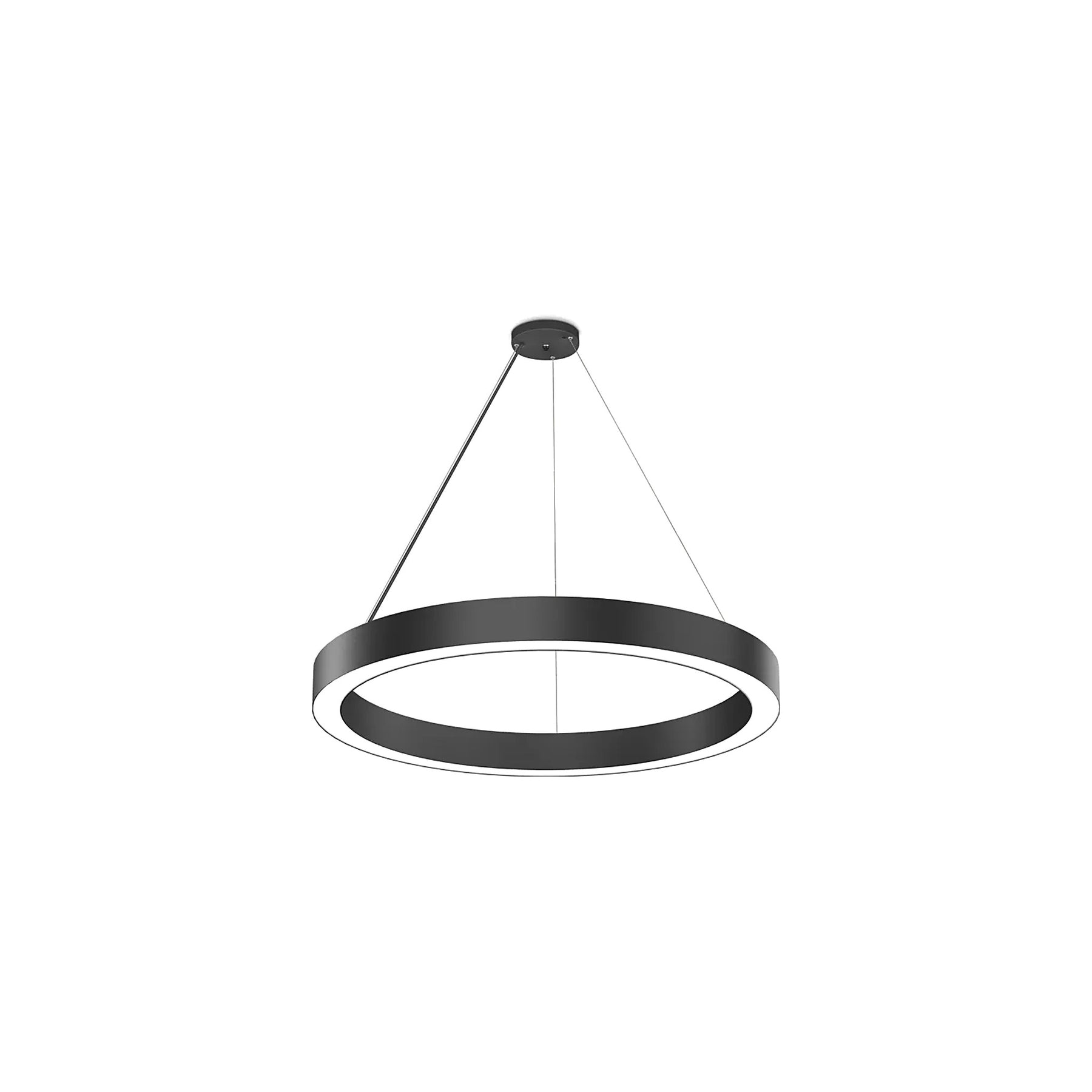 24 inch black LED ring pendant light with white diffuser, suspended by three aircraft cables from a round ceiling canopy,