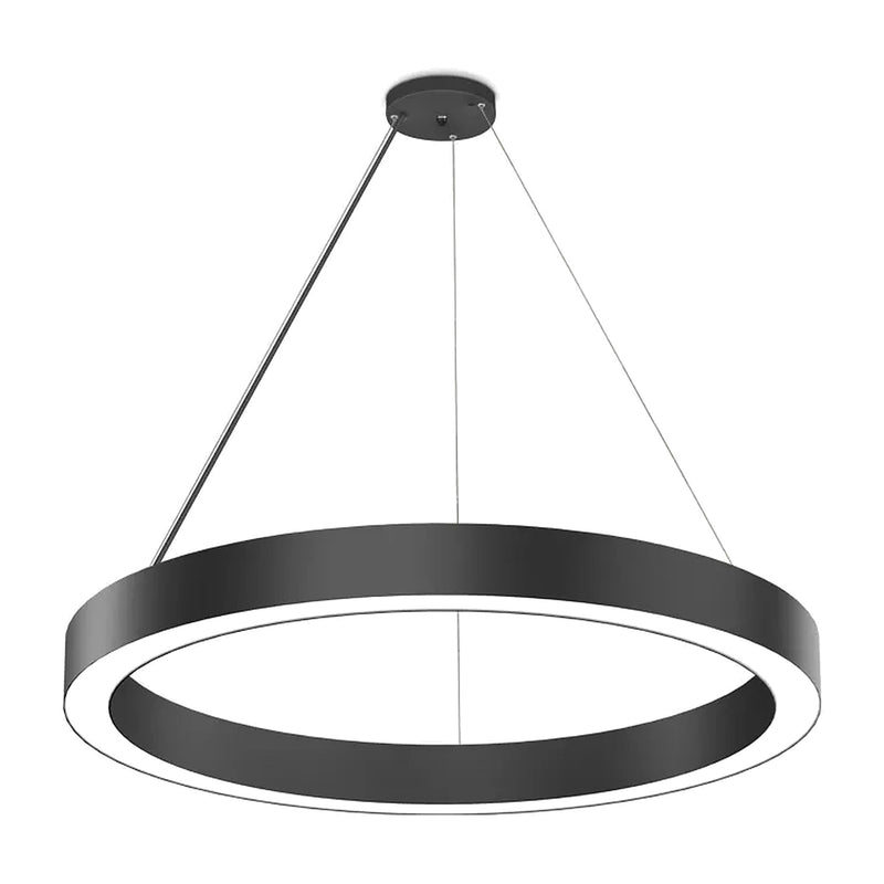 A modern black ring LED pendant light suspended by thin cables from a matching black ceiling canopy, shown against a plain white background.