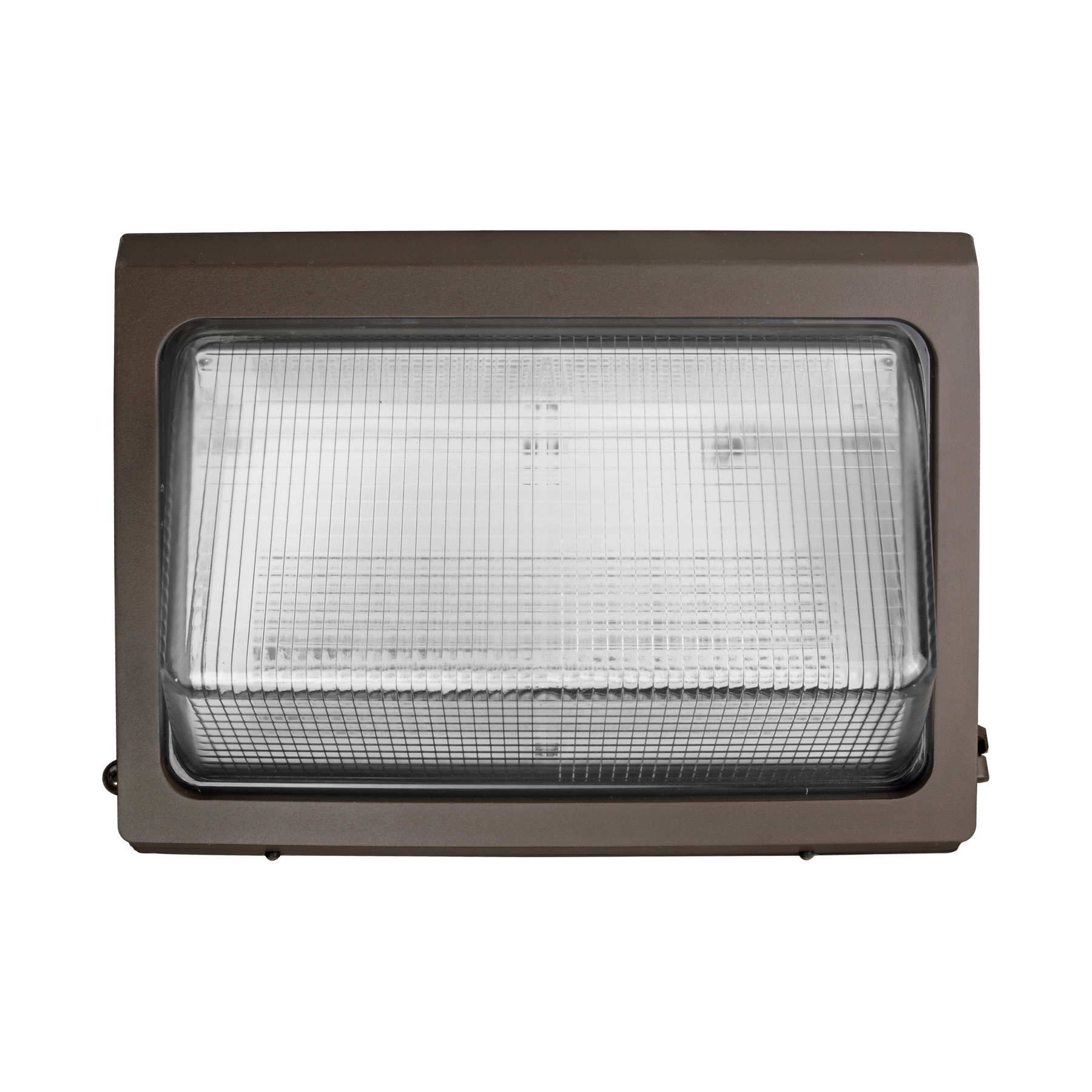 A rectangular outdoor wall light fixture with a dark brown metal housing and a large clear ribbed lens cover, shown against a plain white background.