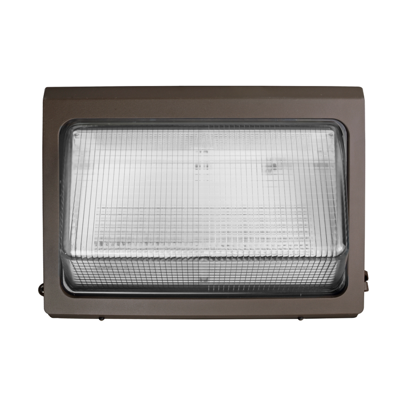 A rectangular outdoor wall light fixture with a dark brown metal housing and a large clear ribbed lens cover, shown against a plain white background.