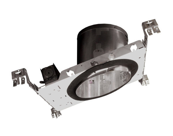 A recessed ceiling light fixture kit with a square silver metal frame, a black circular trim ring, a black cylindrical downlight, and mounting brackets on all four corners, shown against a plain white background.