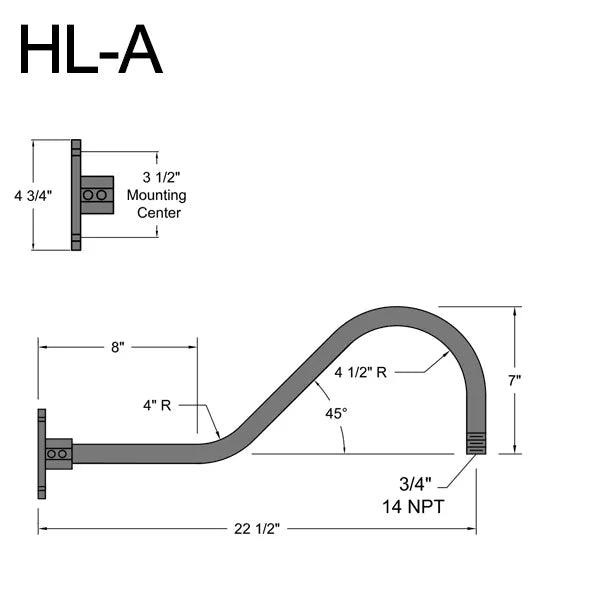 Hl-a mounting bracket with curved metallic arm and threaded 14 npt end for hi-lite 16 radial shade in multiple color finishes