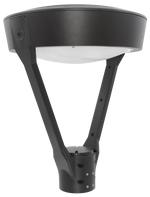 A modern black outdoor bollard-style street light with a wide circular shade, angled support arms, and a cylindrical base, shown on a plain white background.