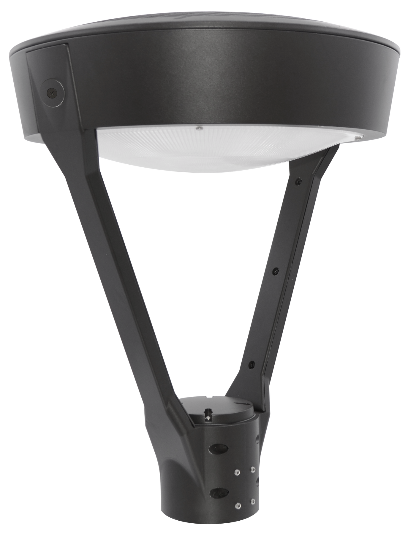 A modern black outdoor bollard-style street light with a wide circular shade, angled support arms, and a cylindrical base, shown on a plain white background.