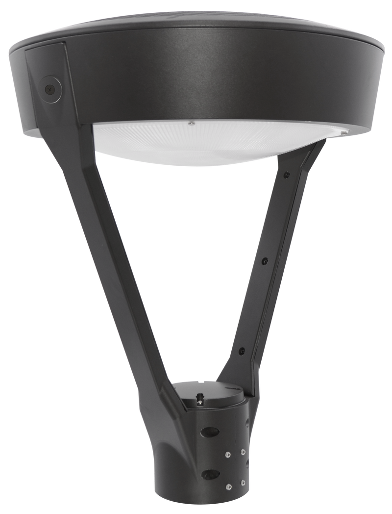 A modern black outdoor bollard-style street light with a wide circular shade, angled support arms, and a cylindrical base, shown on a plain white background.