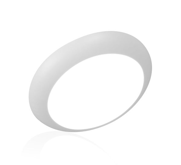 A minimalist, matte white circular ring or bangle shown at an angle on a clean white background with a soft reflection below.