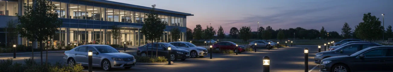 Modern office building parking lot with bollard lighting at dusk.