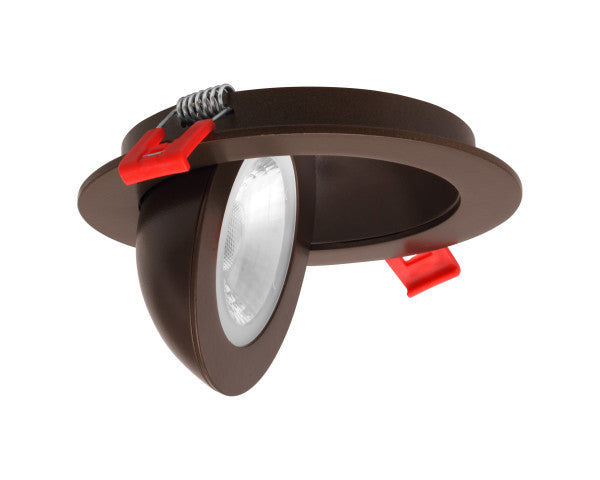 A recessed LED downlight with a dark brown metal frame, red plastic clips, and a clear glass lens, shown on a solid white background.