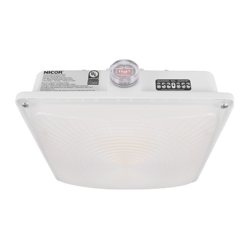 Square LED canopy light with white housing, frosted diffuser lens, and a selector switch under a clear cover on top