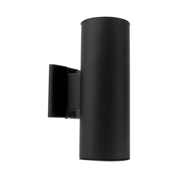 Black cylindrical wall light fixture on a white background