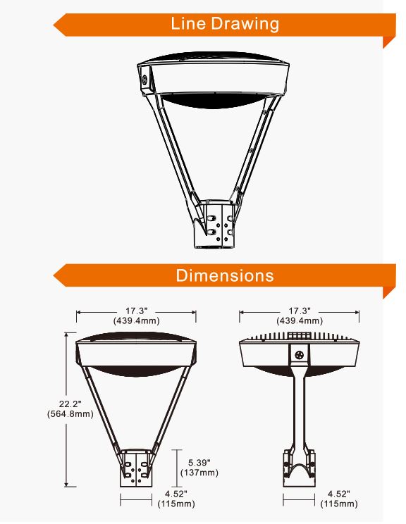LED Post Top Light, 19,220 Lumen Max, Wattage and CCT Selectable, Integrated Photocell, 120-277V