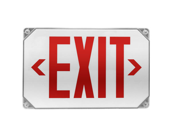 A rectangular emergency exit sign with a white face, bold red 'EXIT' lettering, and red arrow symbols pointing left and right. The sign has a silver metal border with visible mounting holes in the corners, shown on a plain white background.