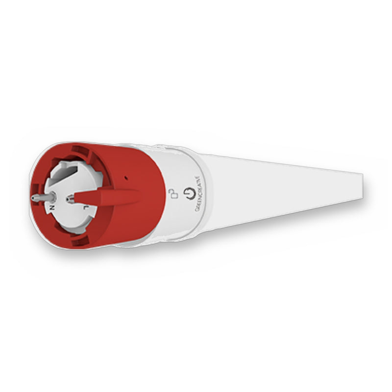 GreenCreative LED tube with red end cap and two pins marked N and L, shown at an angle on a white background