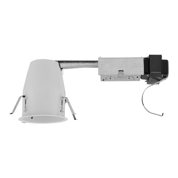 Ceiling-mounted projector with white shade on a white background