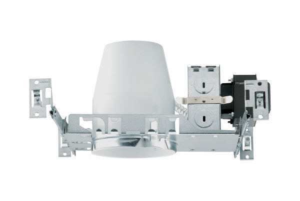 A recessed ceiling light fixture shown from the side against a solid white background, featuring a white dome shade, silver metal mounting brackets, and a black electrical motor housing.