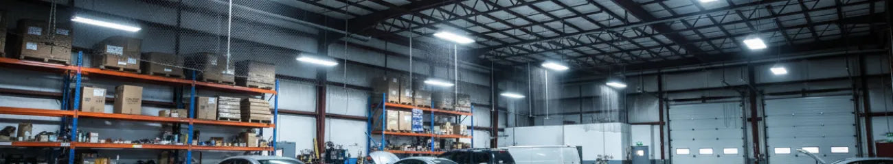 Large automotive warehouse interior with LED high bay lighting and storage shelving.