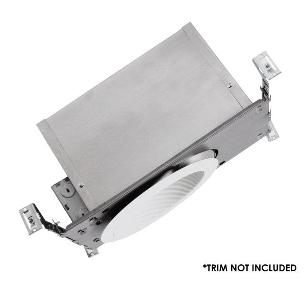 A recessed ceiling light fixture kit with a brushed silver metal housing and a white circular diffuser, shown on a white background with a text overlay stating '*TRIM NOT INCLUDED'.