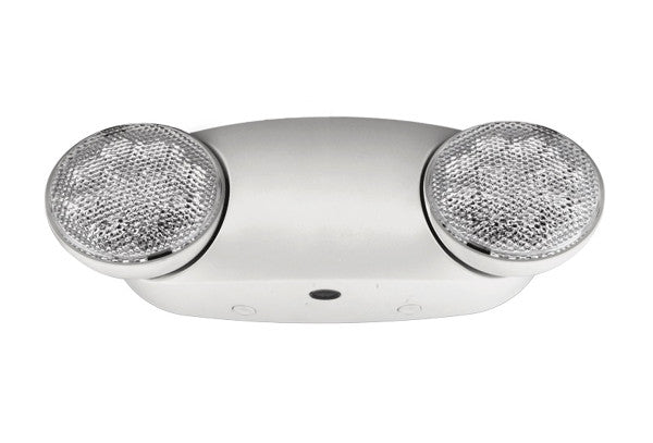 A dual-head emergency exit light fixture with a polished chrome finish, featuring two round light heads on a white background.