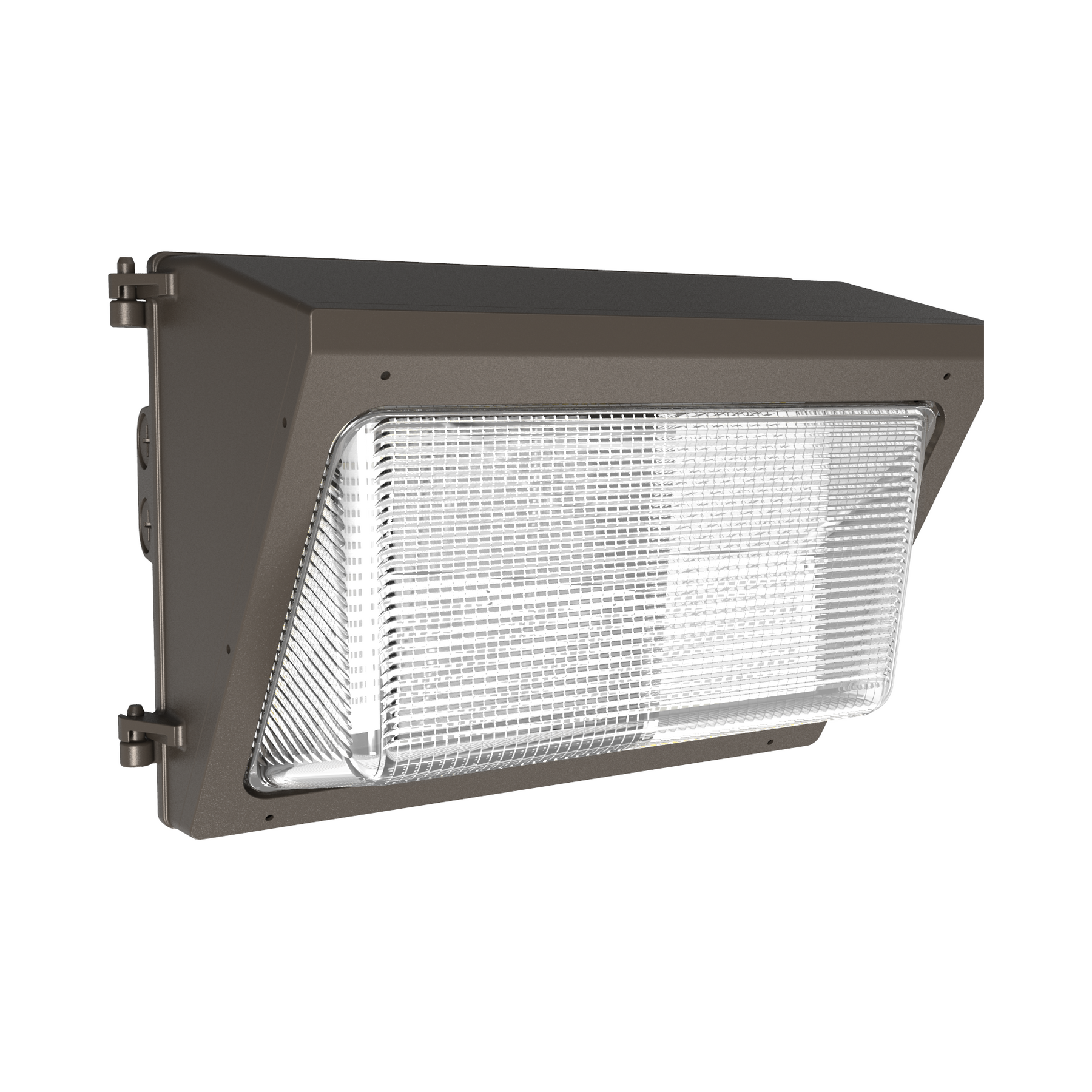 Bronze LED wall pack light on a white background.